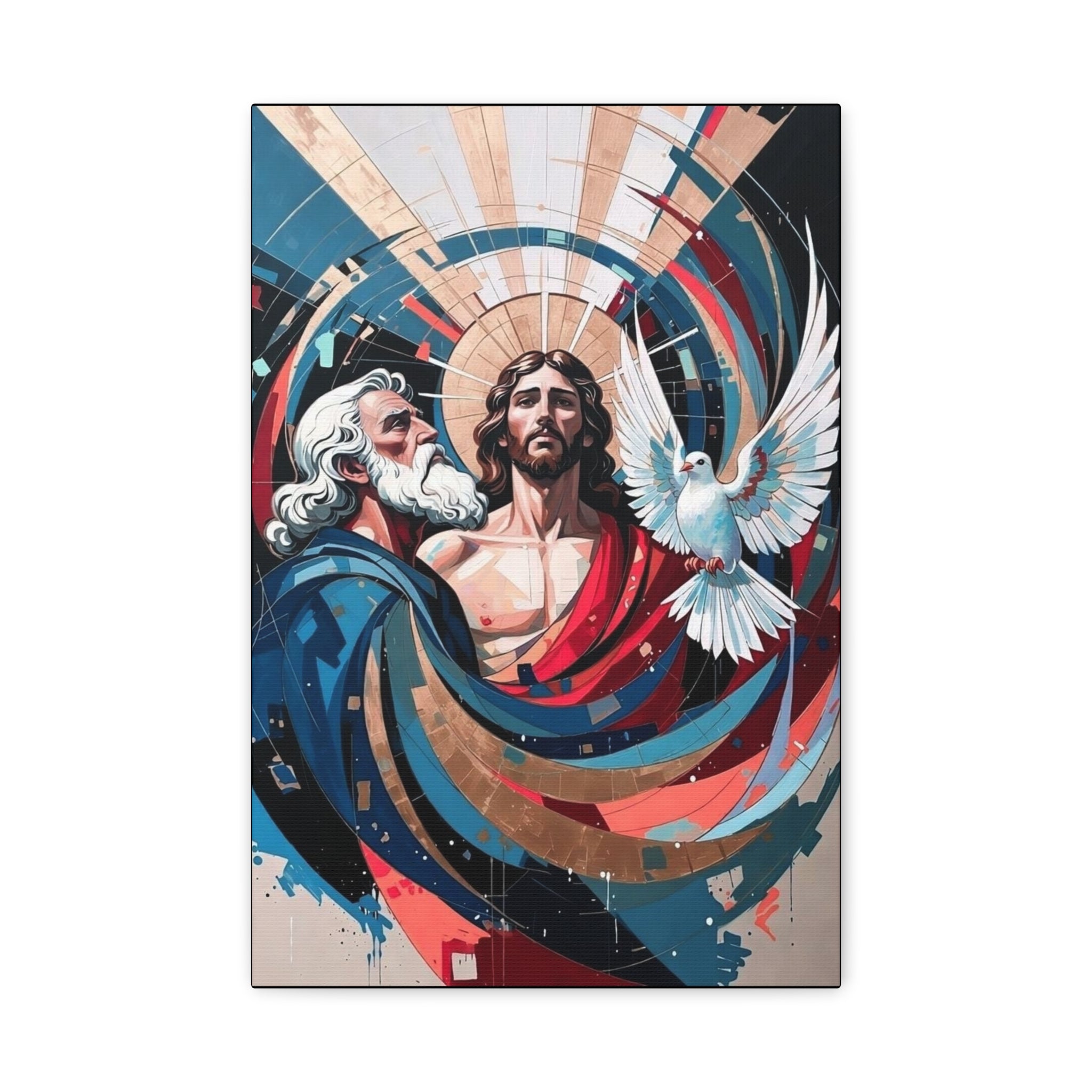 Holy Trinity Matte Canvas Wall Art – Modern Religious Jesus, Father & Dove Stretched Canvas