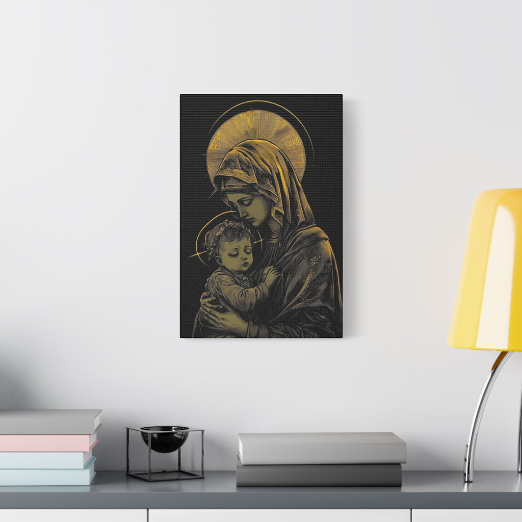 Mary and Jesus - Thick Black and Gold Matte Canvas, Stretched, 1.25"