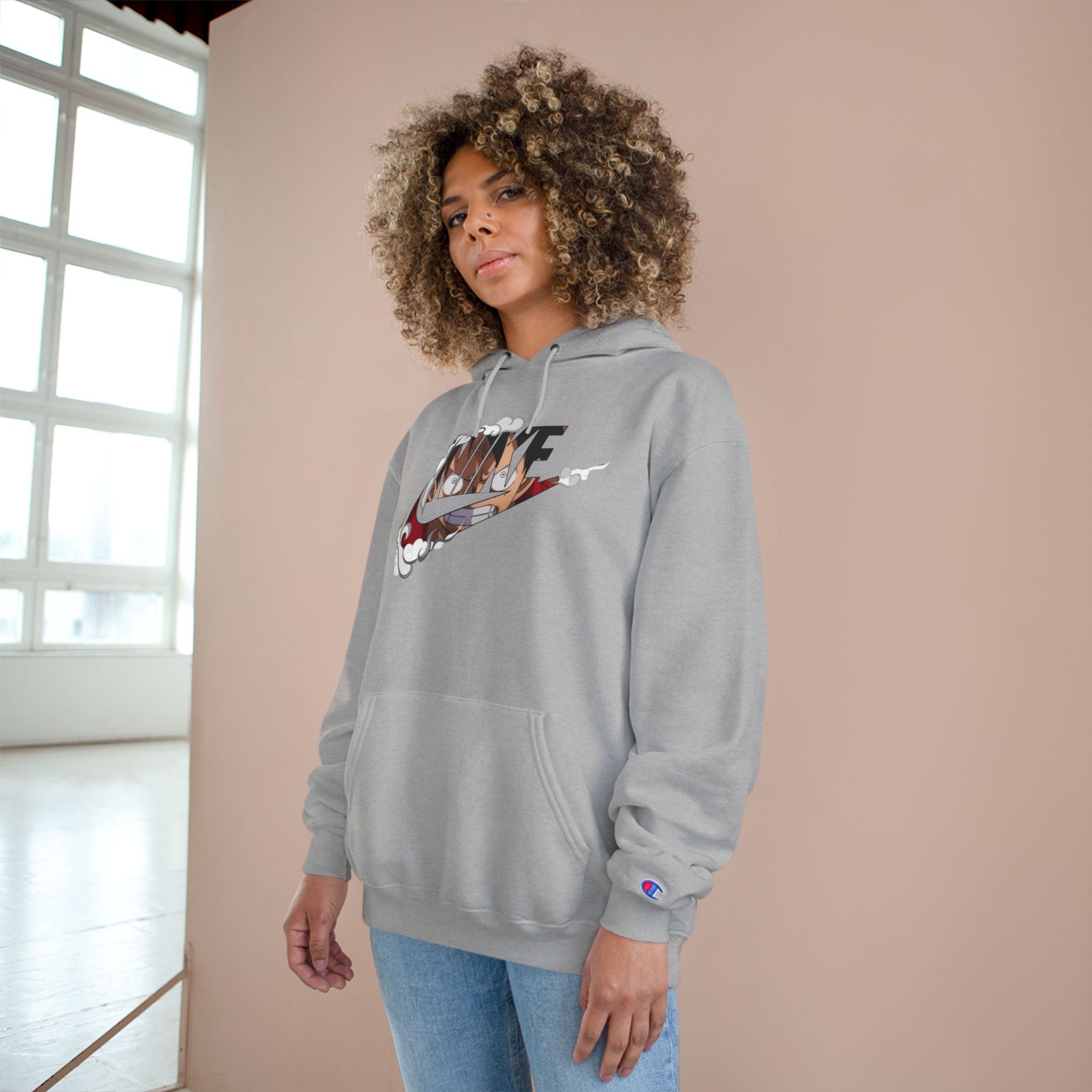 One Piece Luffy Champion Hoodie — White Pullover with Vintage Sports Graphic
