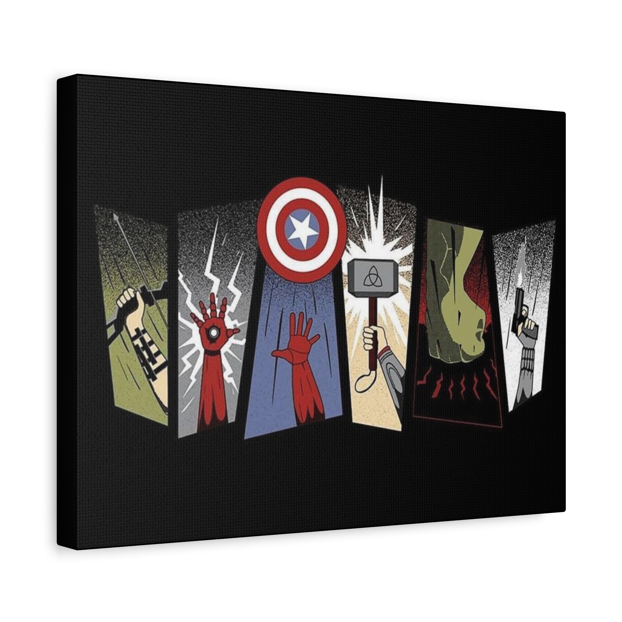 Superhero Montage Matte Canvas Wall Art — Captain America Shield, Thor Hammer & Iconic Hero Symbols