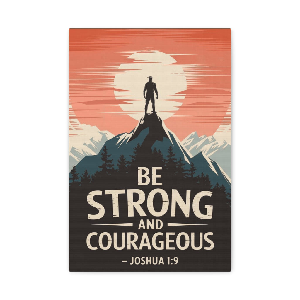 Be Strong and Courageous Canvas Wall Art – Inspirational Joshua 1:9 Mountain Print