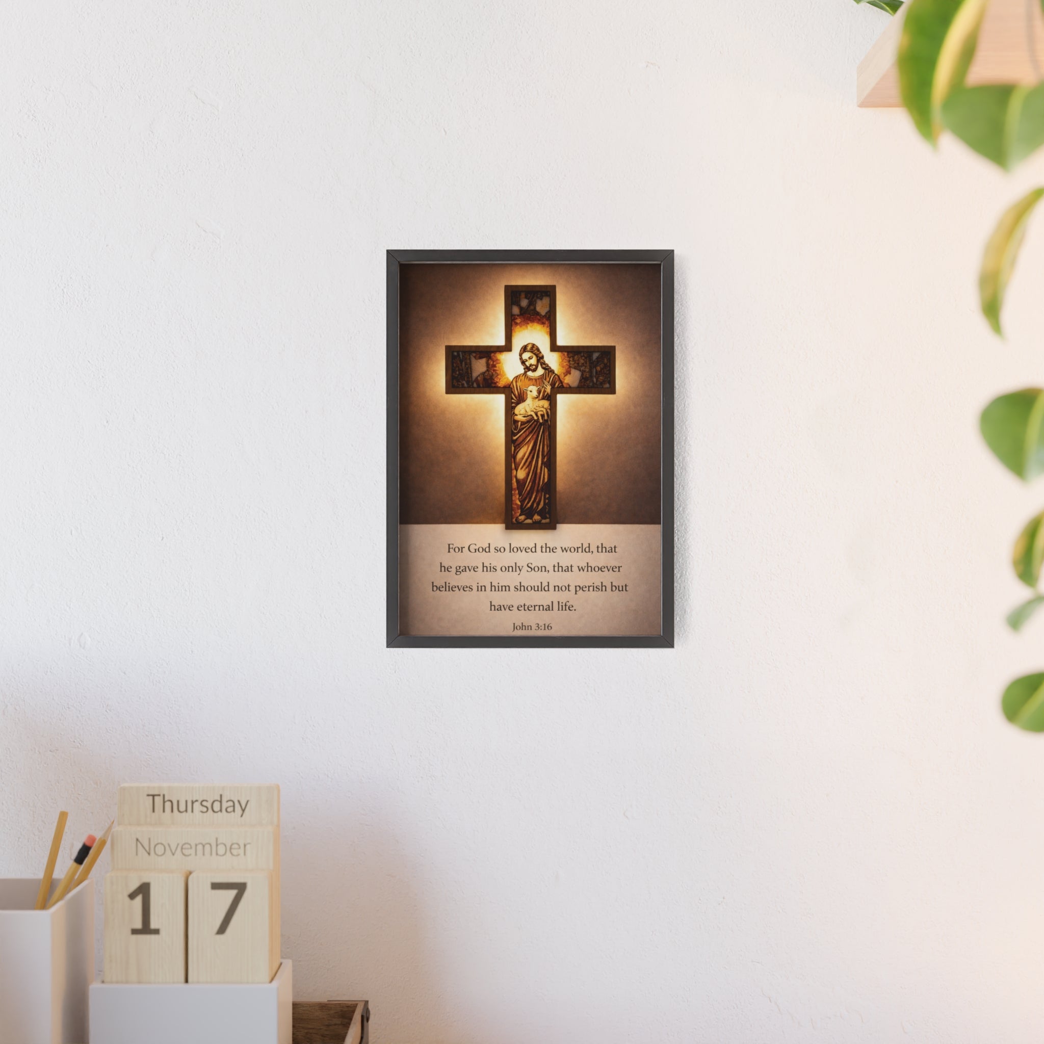 John 3:16 Inspirational Wall Art — Framed Christian Cross Poster