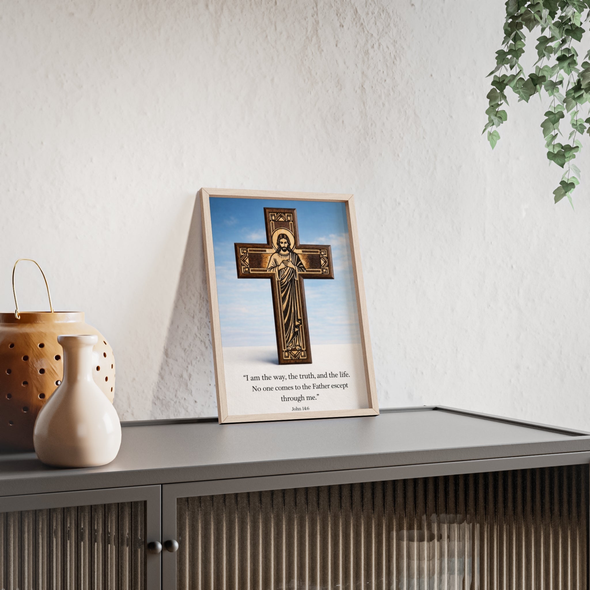 John 14:6 Religious Wall Art Poster with Jesus Cross & John 14:6 Quote — Framed Wooden Poster