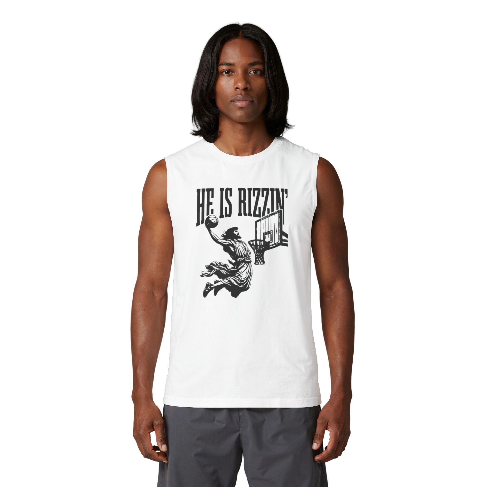 He Is Rizzin' Basketball Muscle Tank — Vintage Dunk Graphic Tank Top