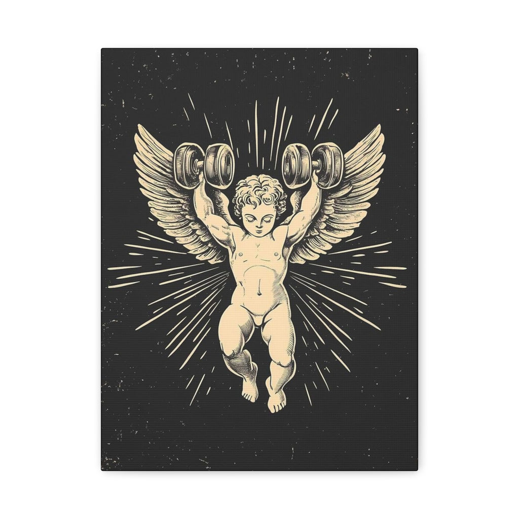 Angel Lifting Weights Matte Canvas Print — Vintage Cherub Fitness Wall Art