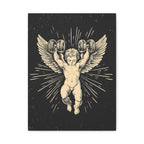 Angel Lifting Weights Matte Canvas Print — Vintage Cherub Fitness Wall Art