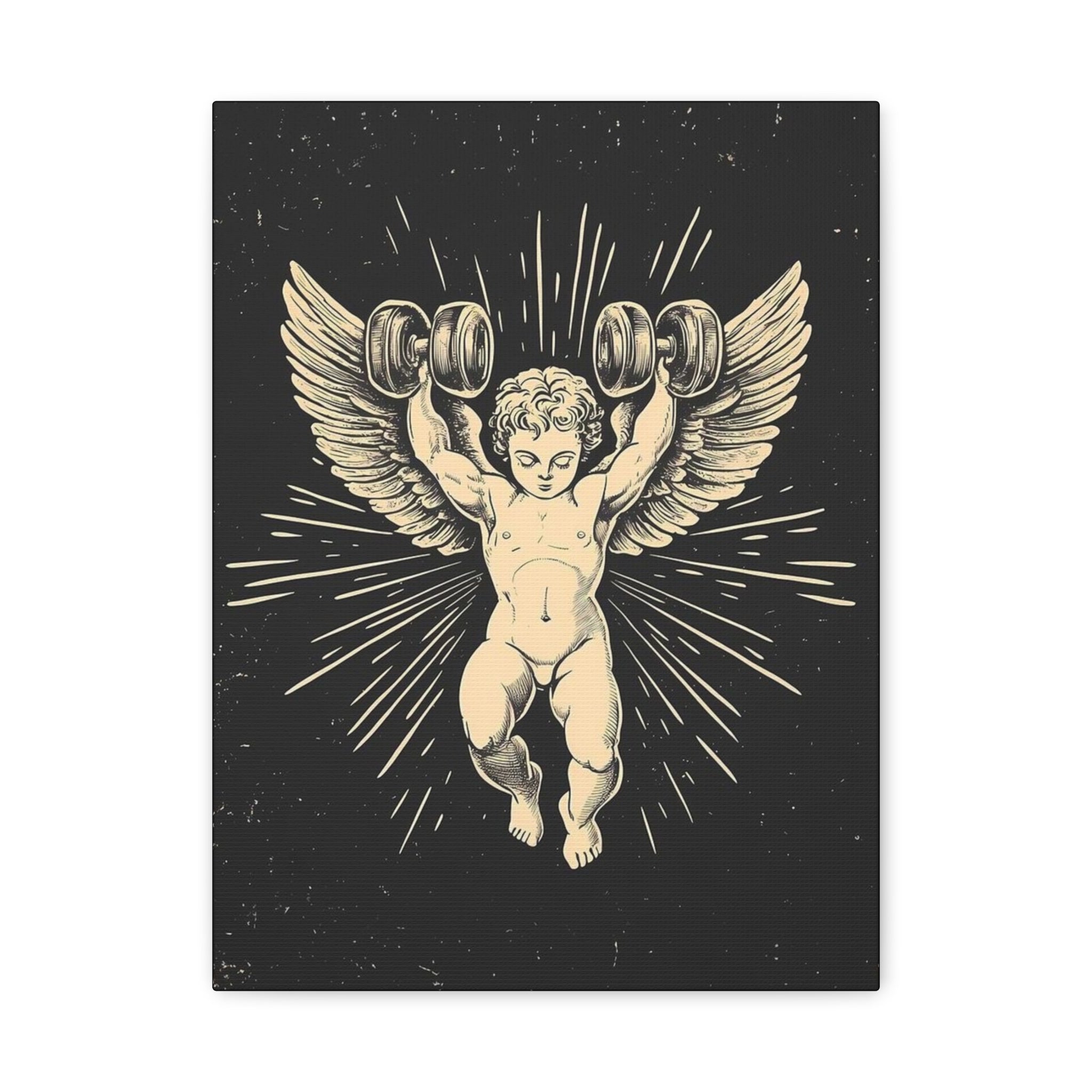Angel Lifting Weights Matte Canvas Print — Vintage Cherub Fitness Wall Art
