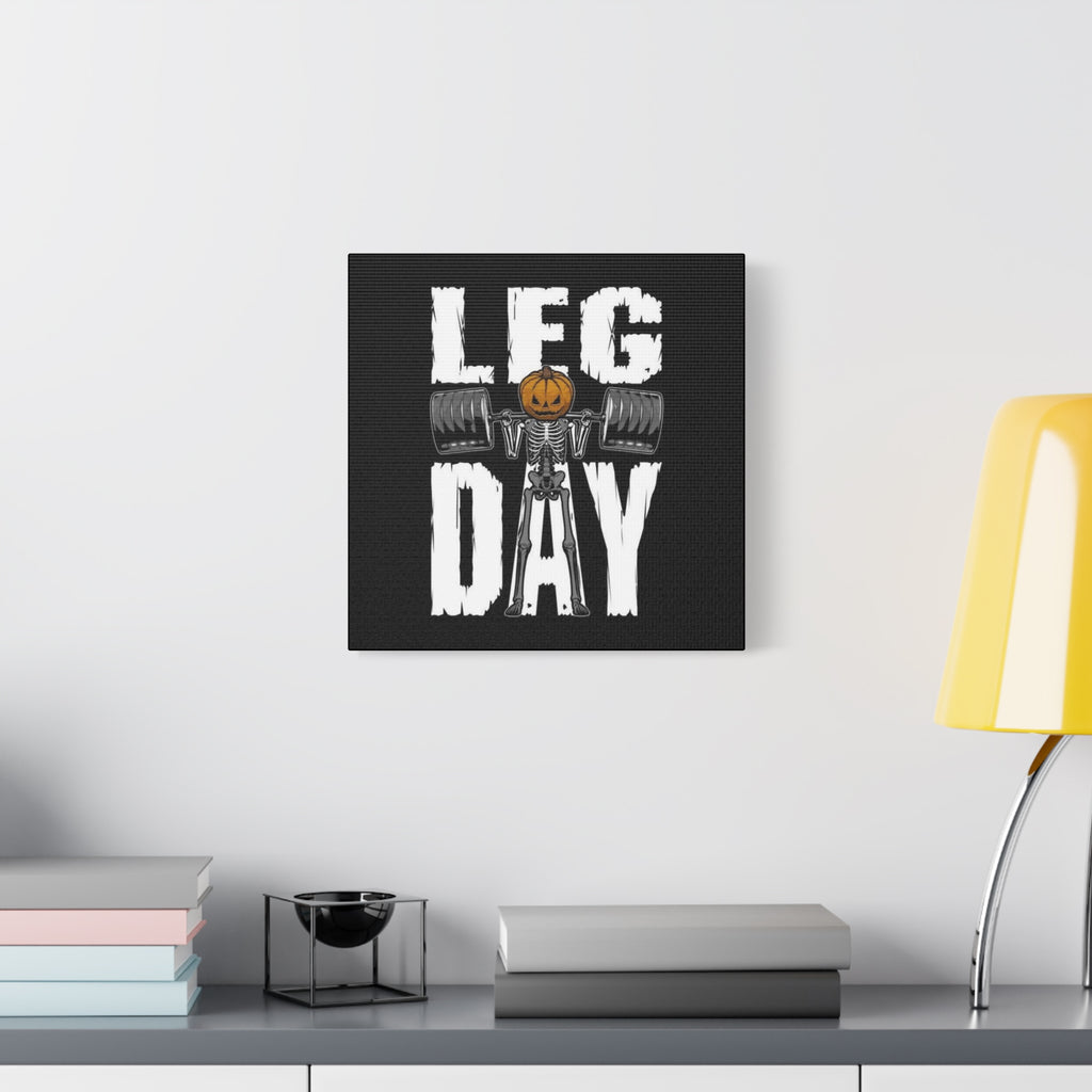 Leg Day Canvas Wall Art — Halloween Skeleton Pumpkin Weightlifting Gym Decor