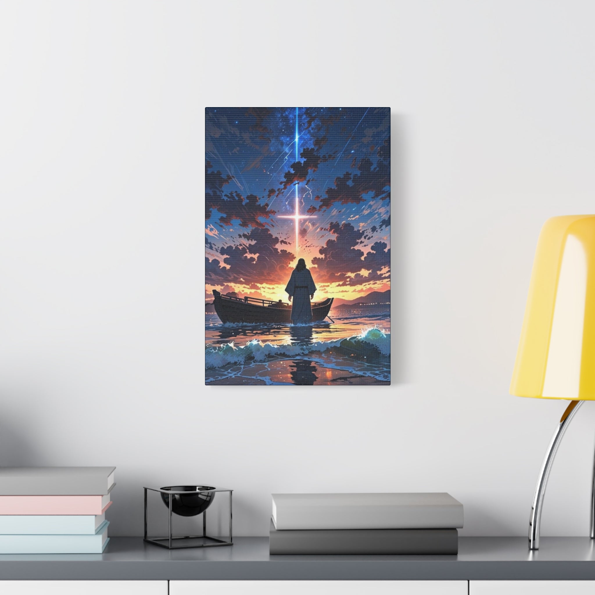 Sunset Cross Canvas Art — Spiritual Boat Scene Matte Stretched Wall Decor