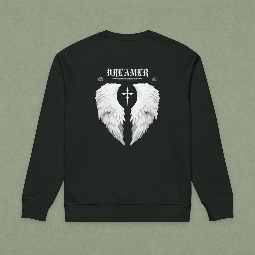 Dreamer Angel Wings Sweatshirt — Blue Feather Back Graphic Crewneck