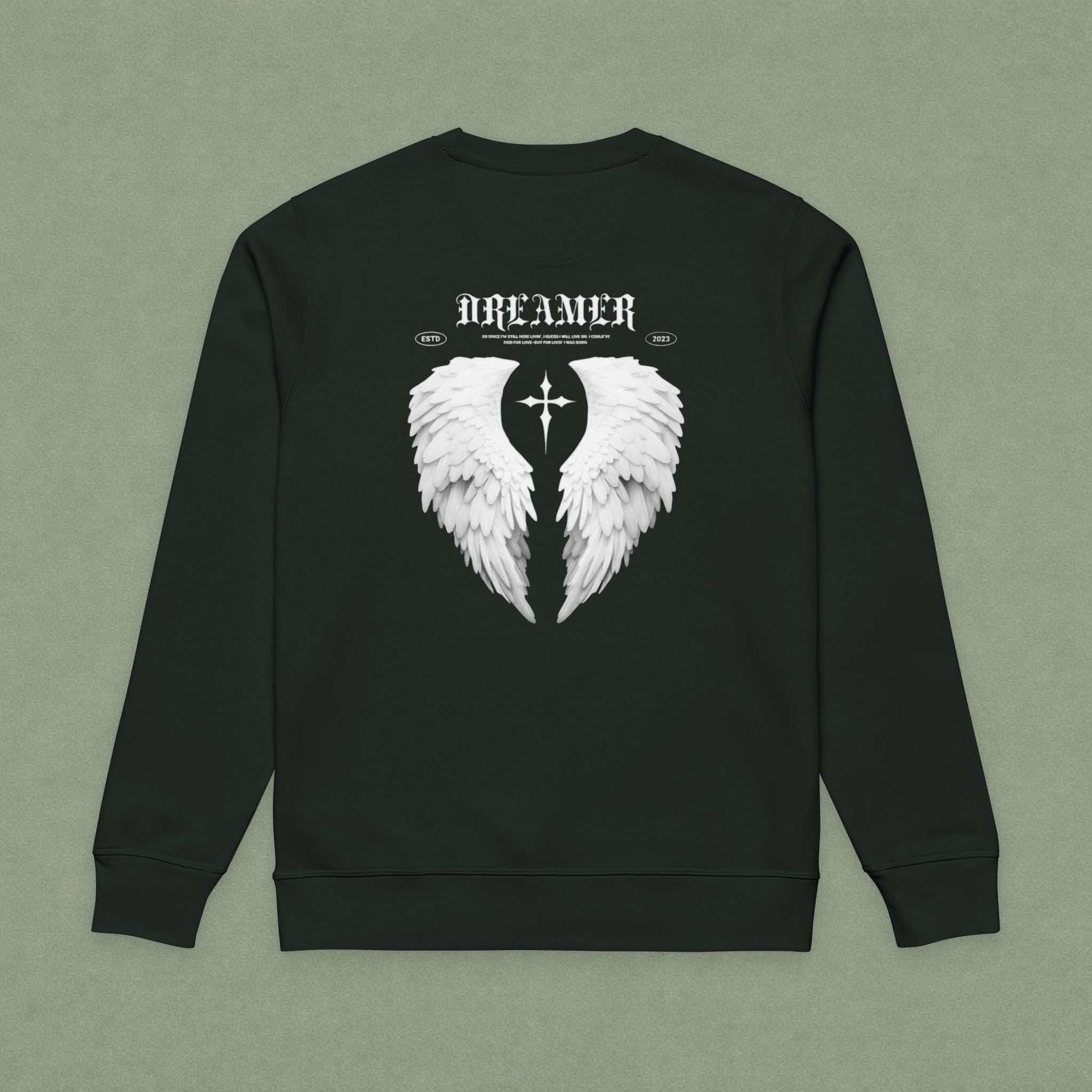 Dreamer Angel Wings Sweatshirt — Blue Feather Back Graphic Crewneck