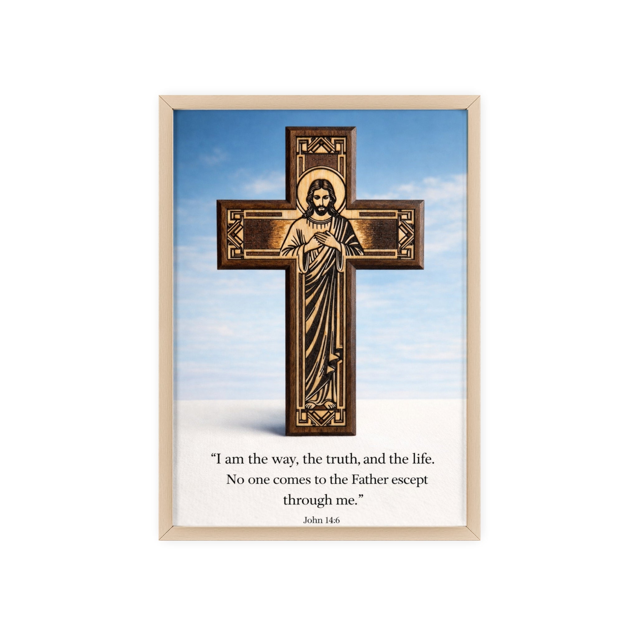 John 14:6 Religious Wall Art Poster with Jesus Cross & John 14:6 Quote — Framed Wooden Poster