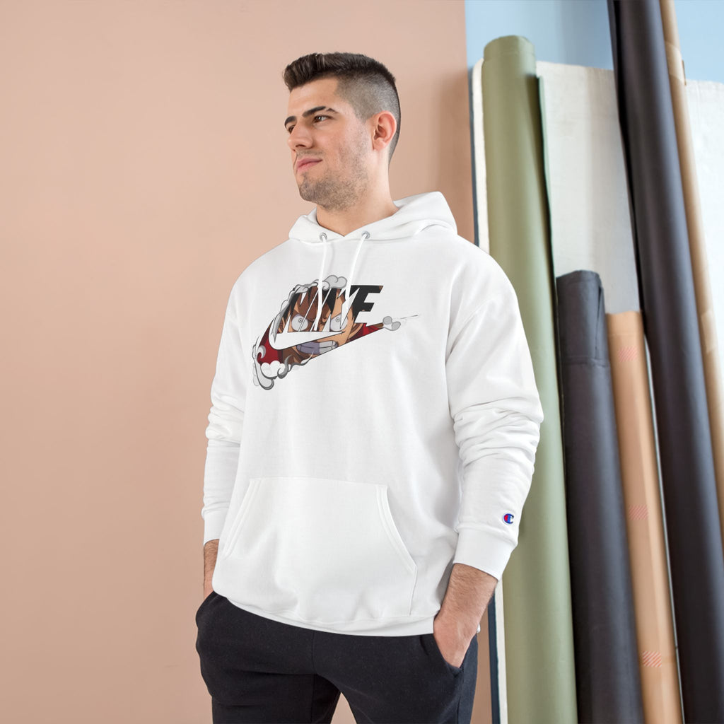 One Piece Luffy Champion Hoodie — White Pullover with Vintage Sports Graphic