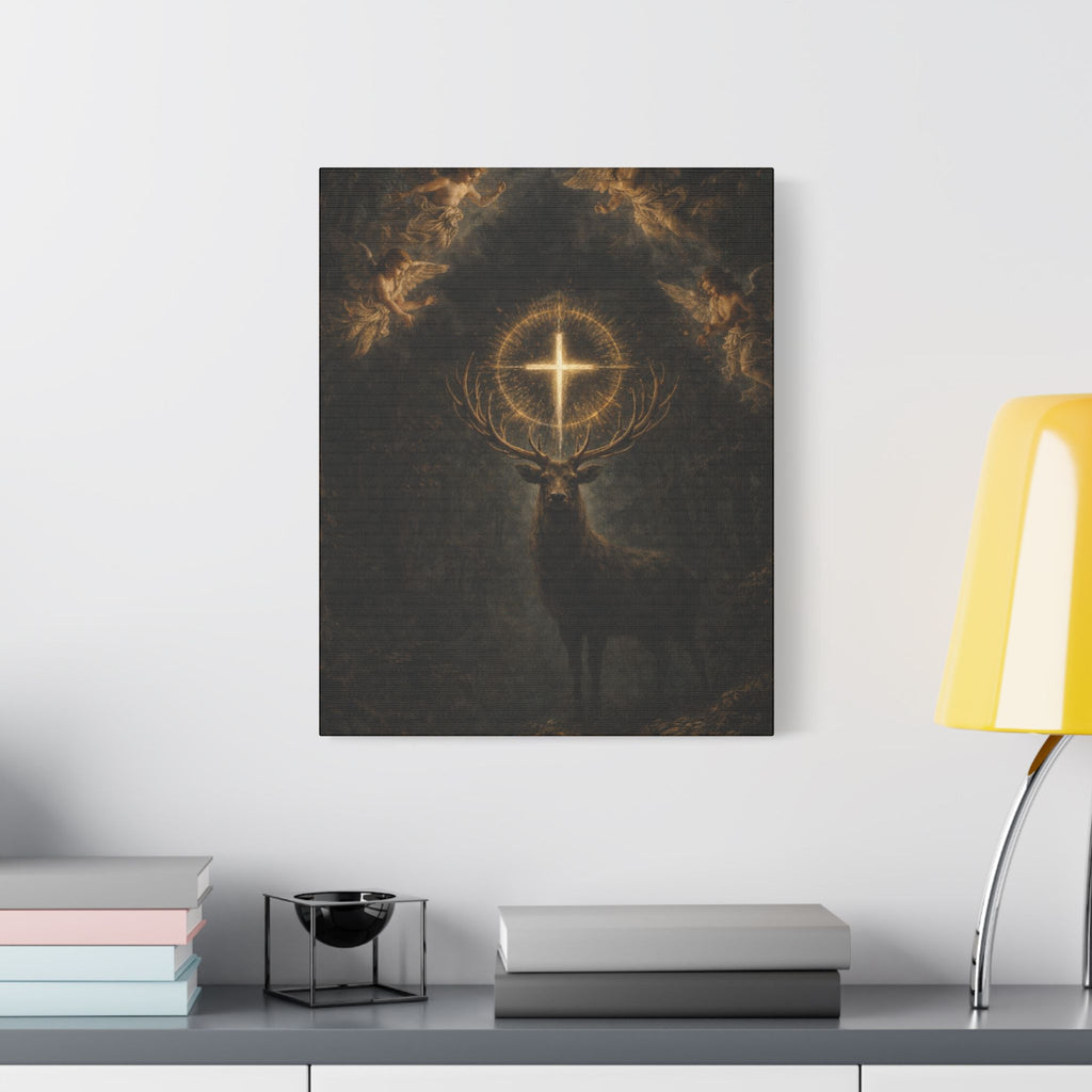 Mystic Stag Canvas Print — Glowing Cross Antlers Wall Art (Satin Stretched)
