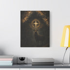 Mystic Stag Canvas Print — Glowing Cross Antlers Wall Art (Satin Stretched)