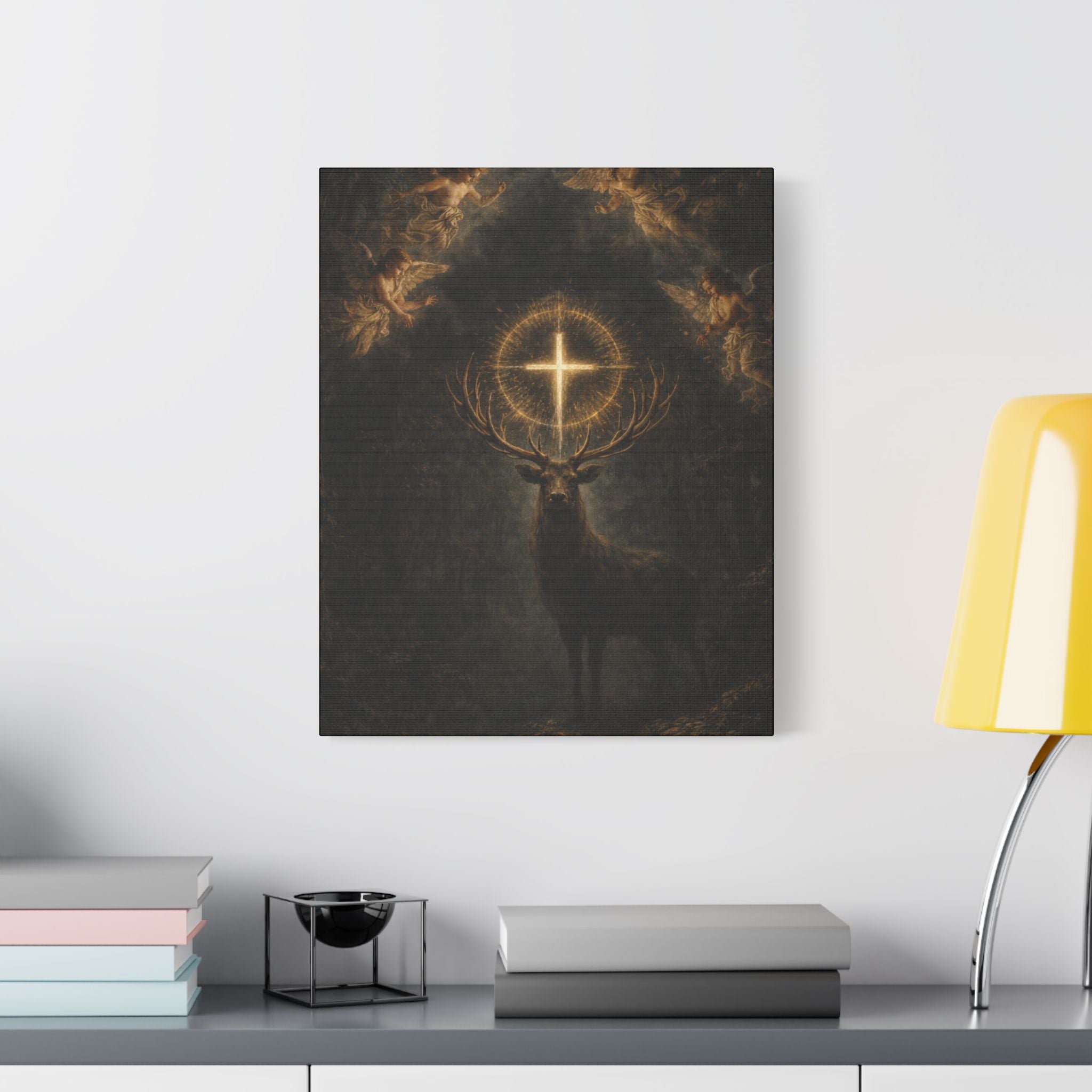 Mystic Stag Canvas Print — Glowing Cross Antlers Wall Art (Satin Stretched)