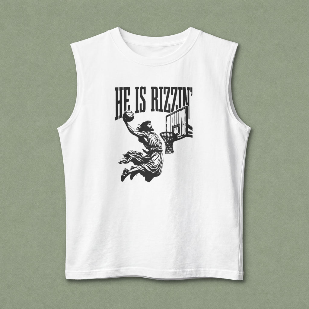 He Is Rizzin' Basketball Muscle Tank — Vintage Dunk Graphic Tank Top