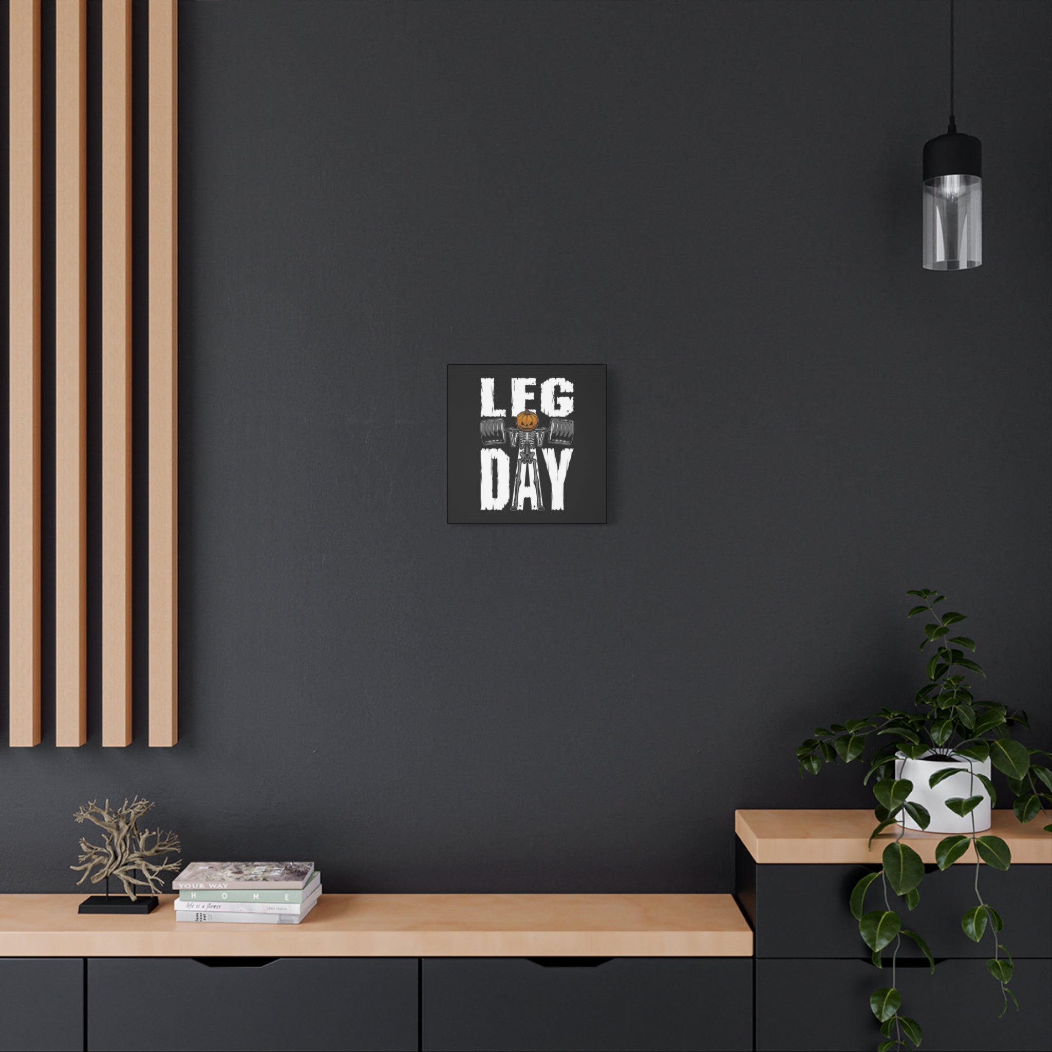 Leg Day Canvas Wall Art — Halloween Skeleton Pumpkin Weightlifting Gym Decor