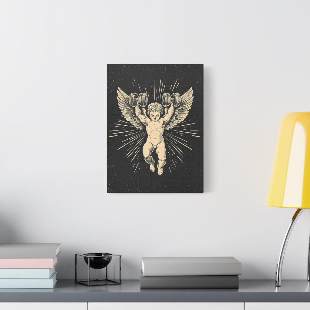 Angel Lifting Weights Matte Canvas Print — Vintage Cherub Fitness Wall Art
