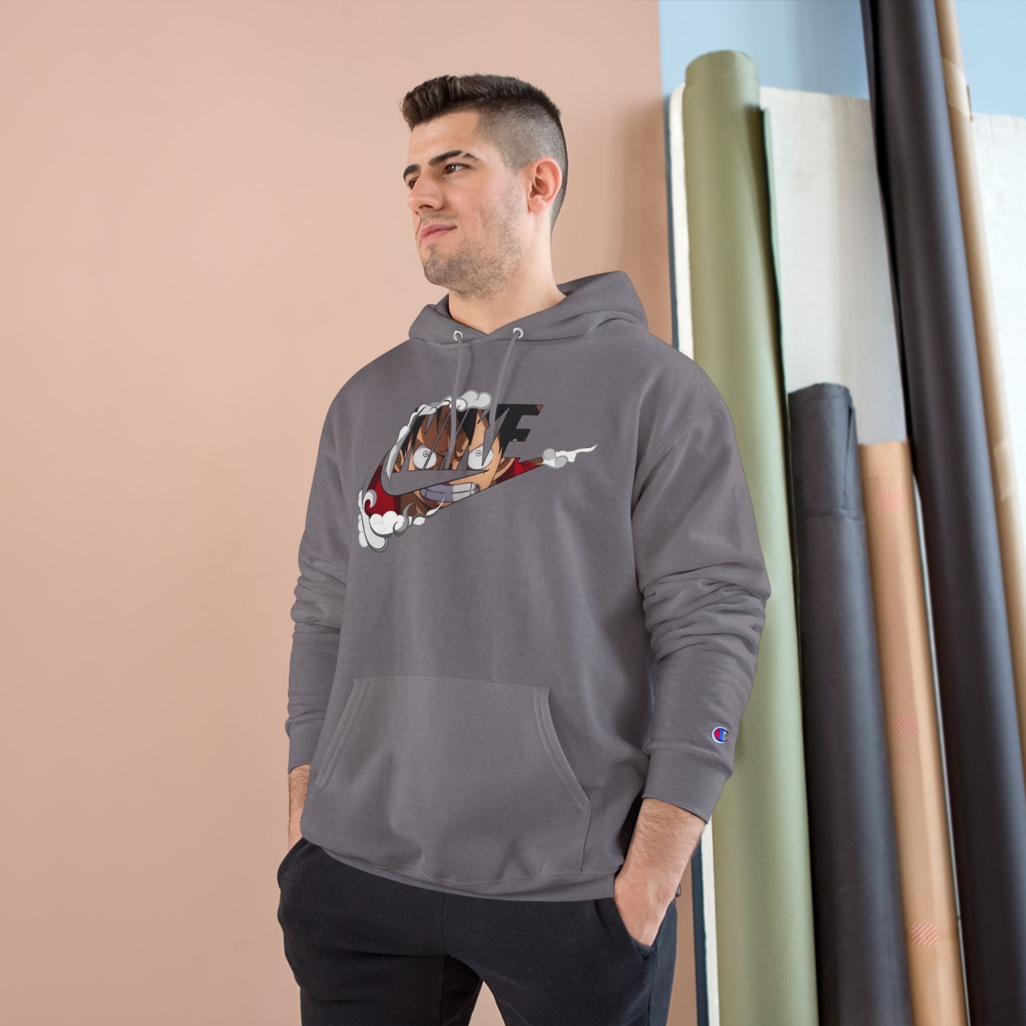 One Piece Luffy Champion Hoodie — White Pullover with Vintage Sports Graphic