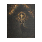 Mystic Stag Canvas Print — Glowing Cross Antlers Wall Art (Satin Stretched)