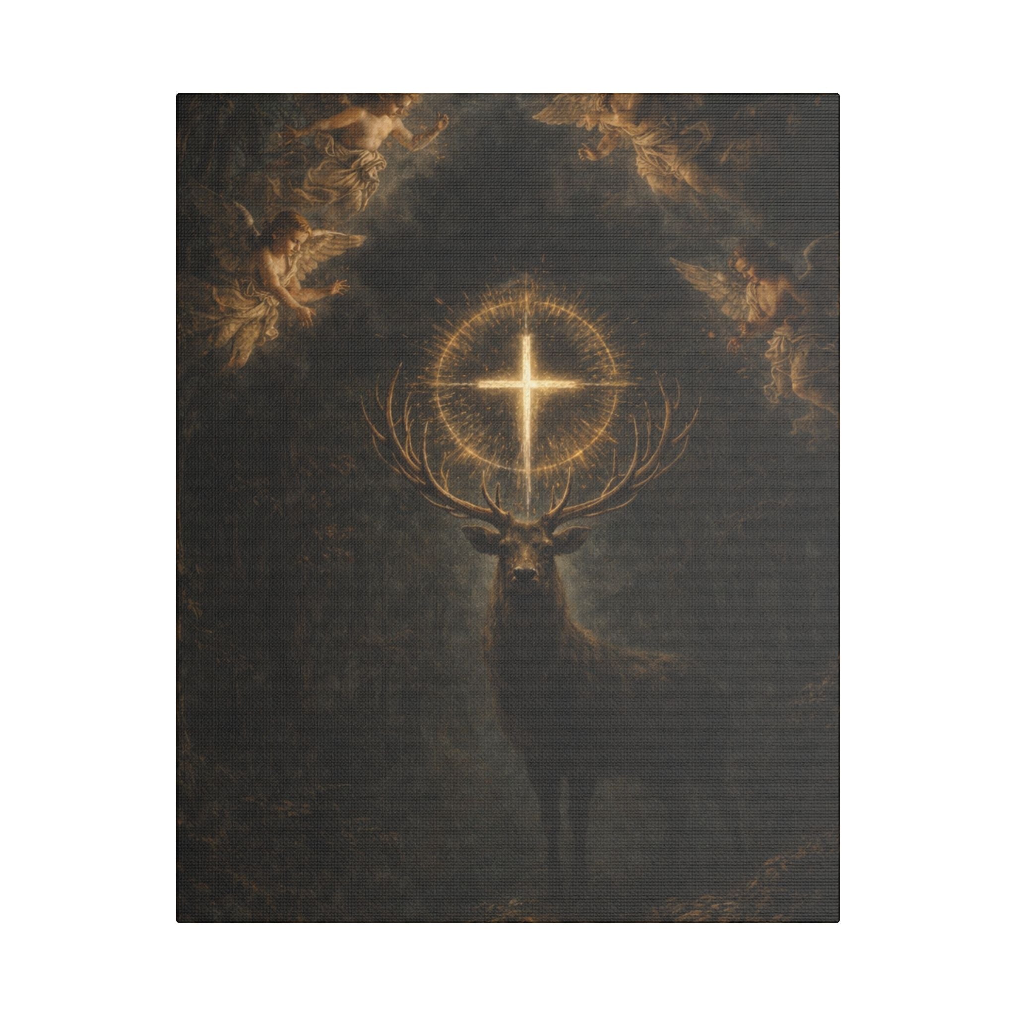 Mystic Stag Canvas Print — Glowing Cross Antlers Wall Art (Satin Stretched)