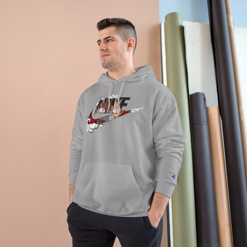 One Piece Luffy Champion Hoodie — White Pullover with Vintage Sports Graphic