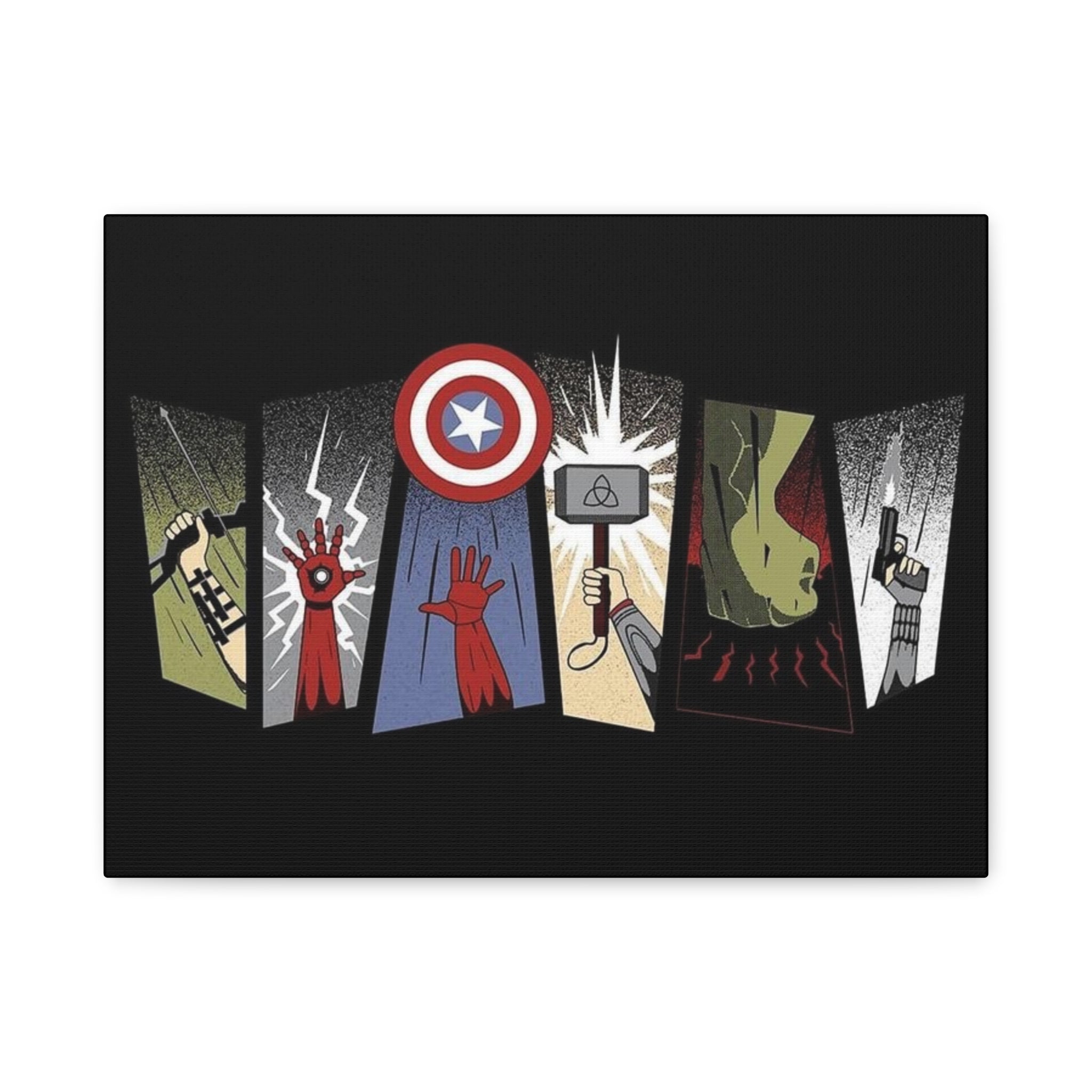 Superhero Montage Matte Canvas Wall Art — Captain America Shield, Thor Hammer & Iconic Hero Symbols
