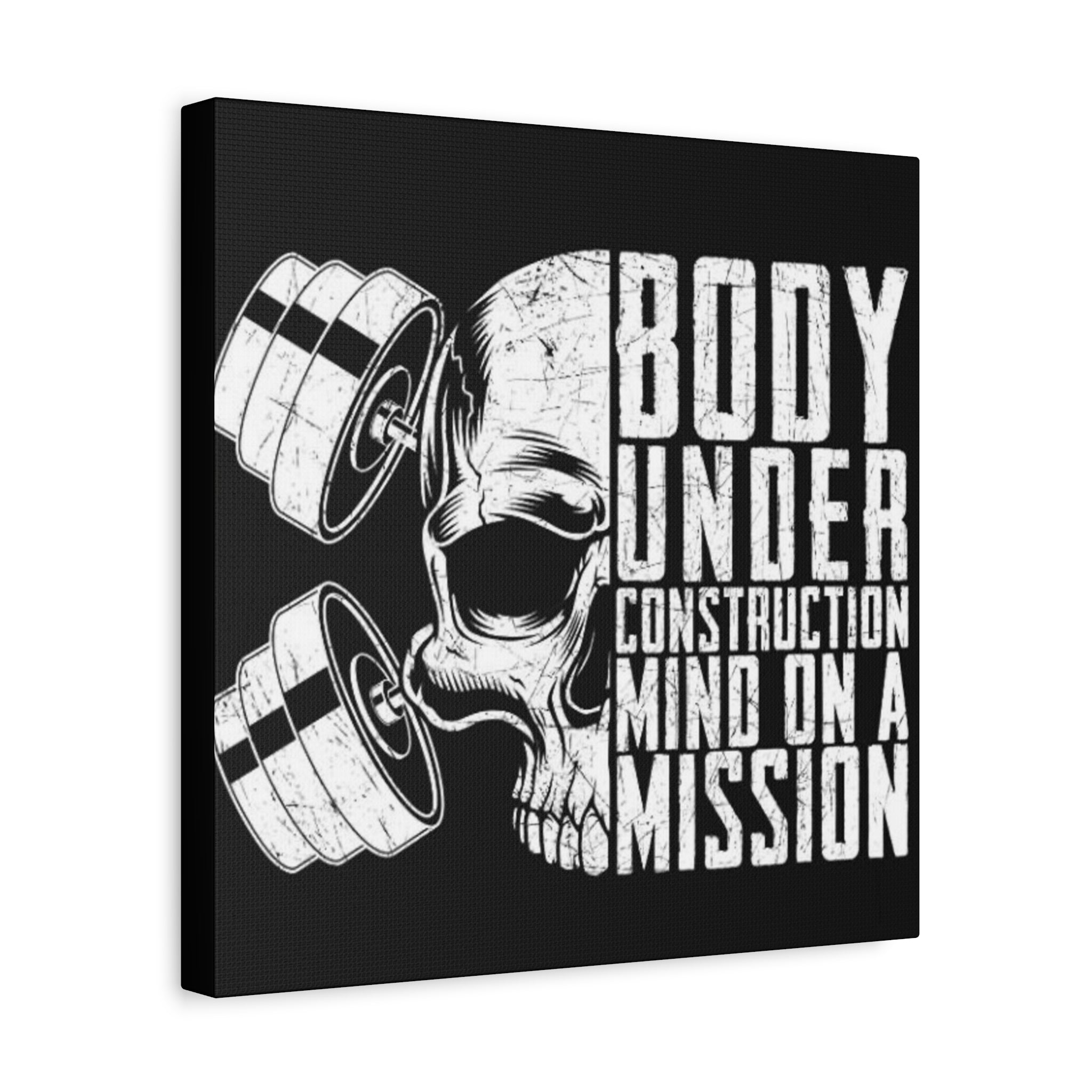Fitness Skull Canvas Art – “Body Under Construction, Mind on a Mission” Stretched Wall Decor