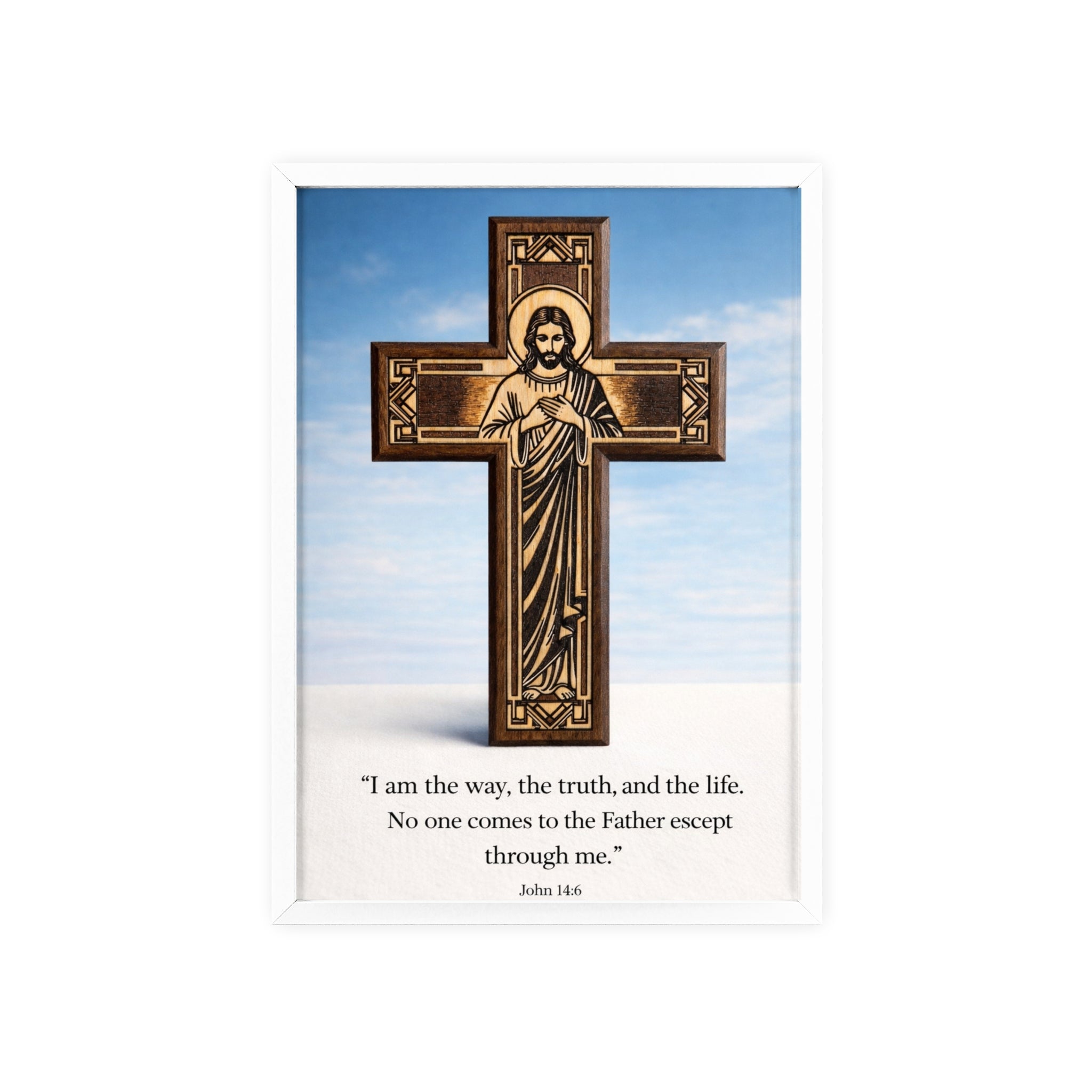 John 14:6 Religious Wall Art Poster with Jesus Cross & John 14:6 Quote — Framed Wooden Poster