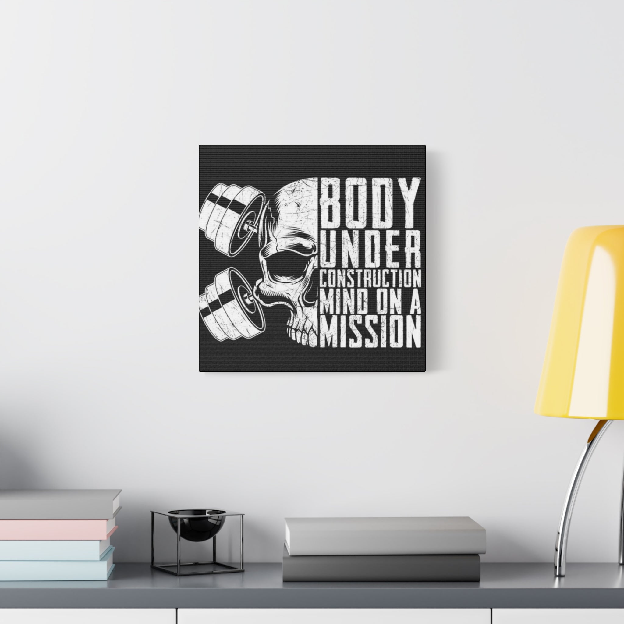 Fitness Skull Canvas Art – “Body Under Construction, Mind on a Mission” Stretched Wall Decor