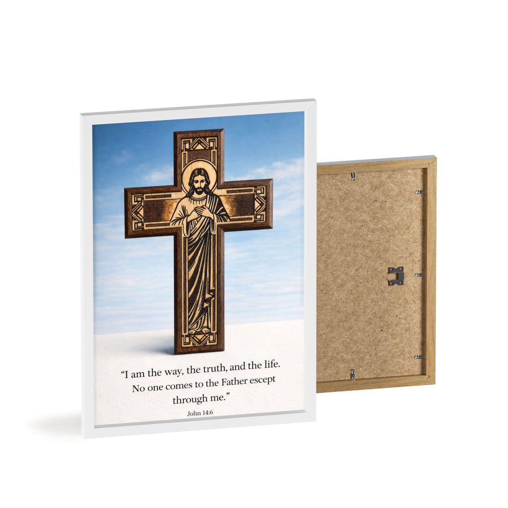 John 14:6 Religious Wall Art Poster with Jesus Cross & John 14:6 Quote — Framed Wooden Poster