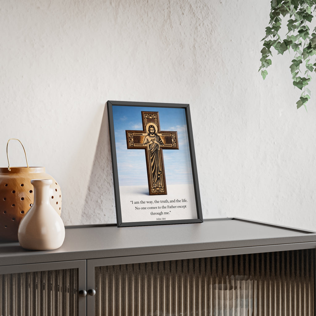 John 14:6 Religious Wall Art Poster with Jesus Cross & John 14:6 Quote — Framed Wooden Poster