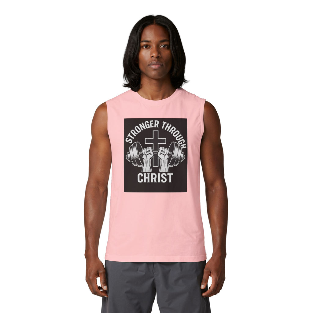 Christian Fitness Muscle Tank — "Stronger Through Christ" Gym Shirt