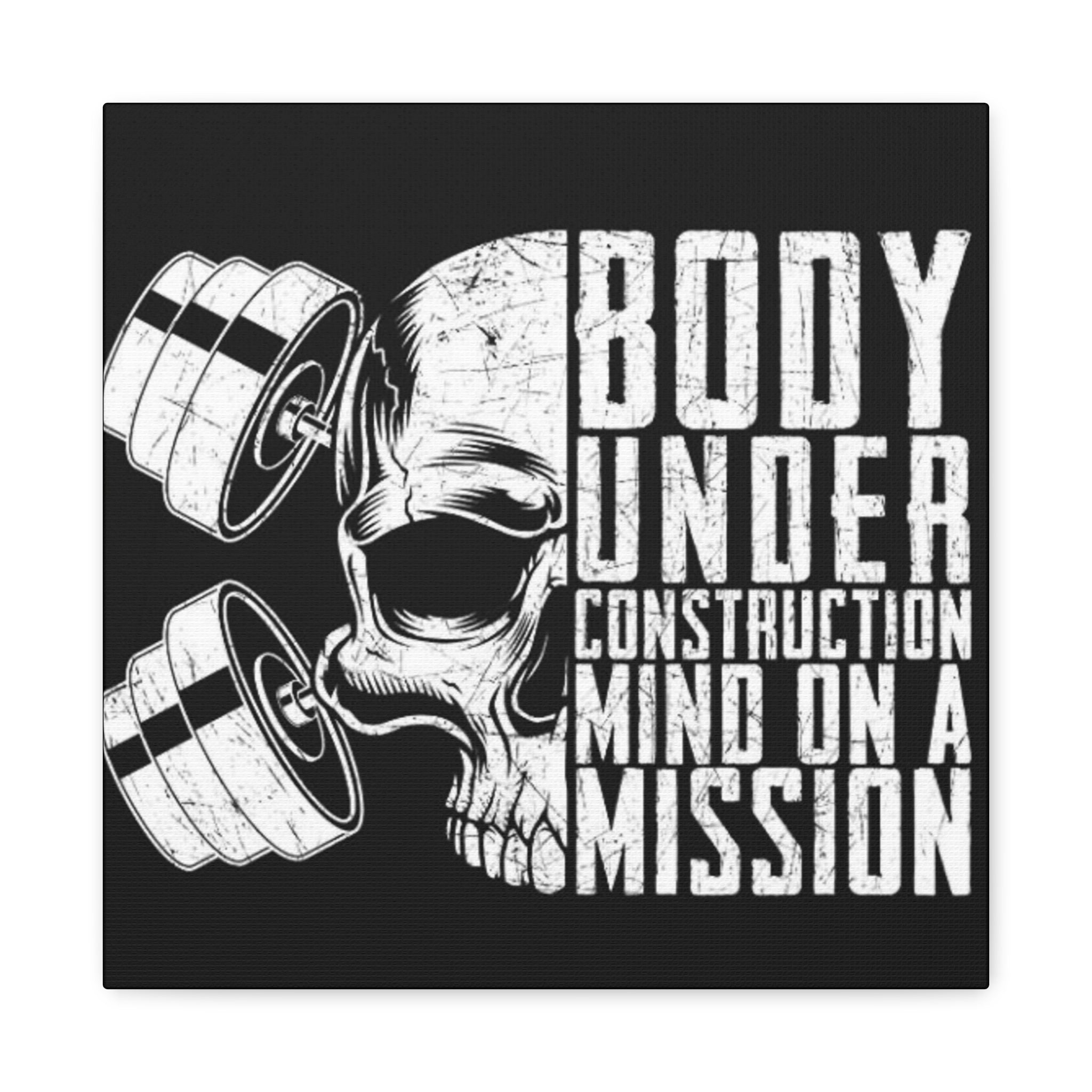 Fitness Skull Canvas Art – “Body Under Construction, Mind on a Mission” Stretched Wall Decor
