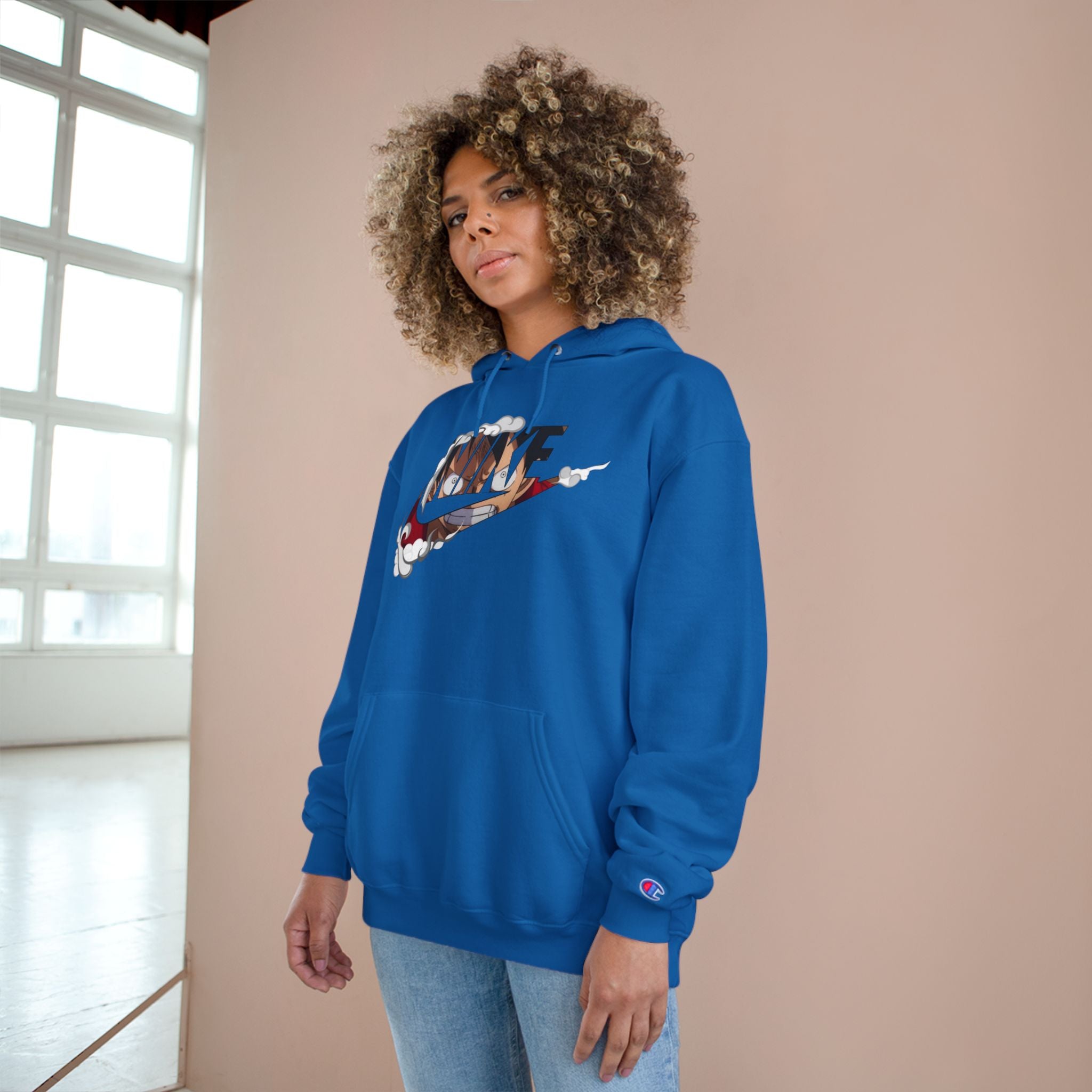 One Piece Luffy Champion Hoodie — White Pullover with Vintage Sports Graphic