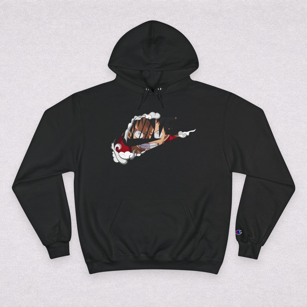 One Piece Luffy Champion Hoodie — White Pullover with Vintage Sports Graphic