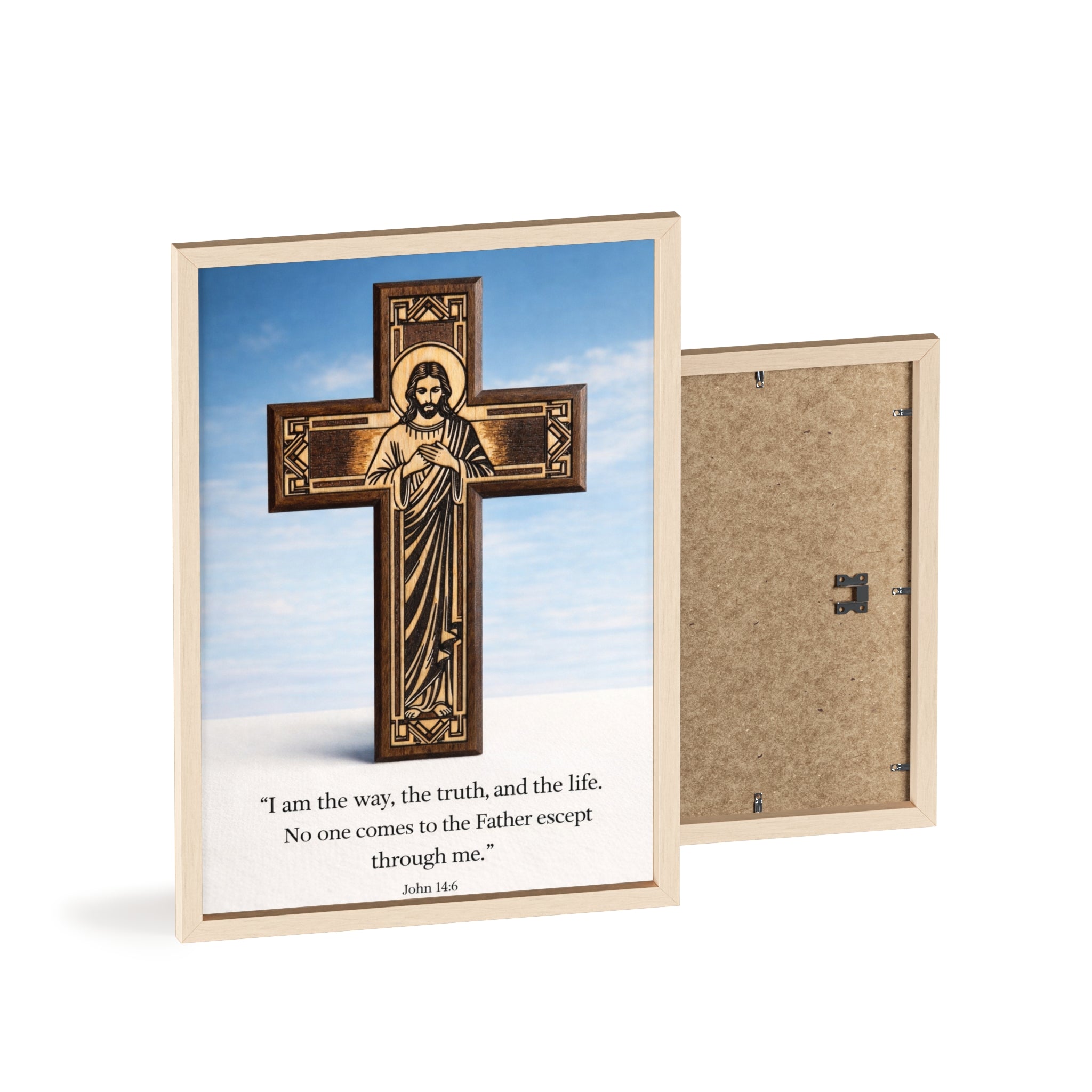 John 14:6 Religious Wall Art Poster with Jesus Cross & John 14:6 Quote — Framed Wooden Poster