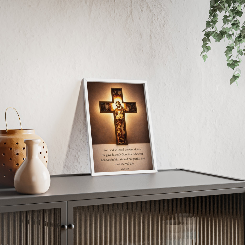 John 3:16 Inspirational Wall Art — Framed Christian Cross Poster