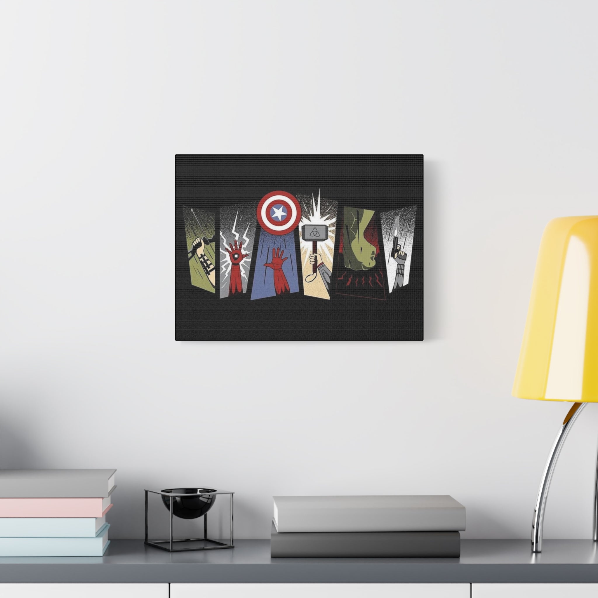 Superhero Montage Matte Canvas Wall Art — Captain America Shield, Thor Hammer & Iconic Hero Symbols