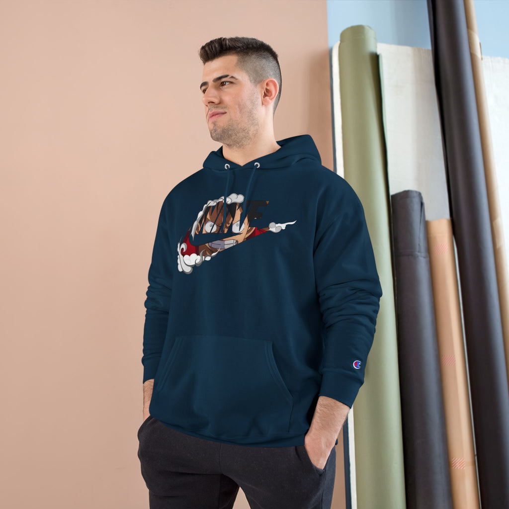 One Piece Luffy Champion Hoodie — White Pullover with Vintage Sports Graphic