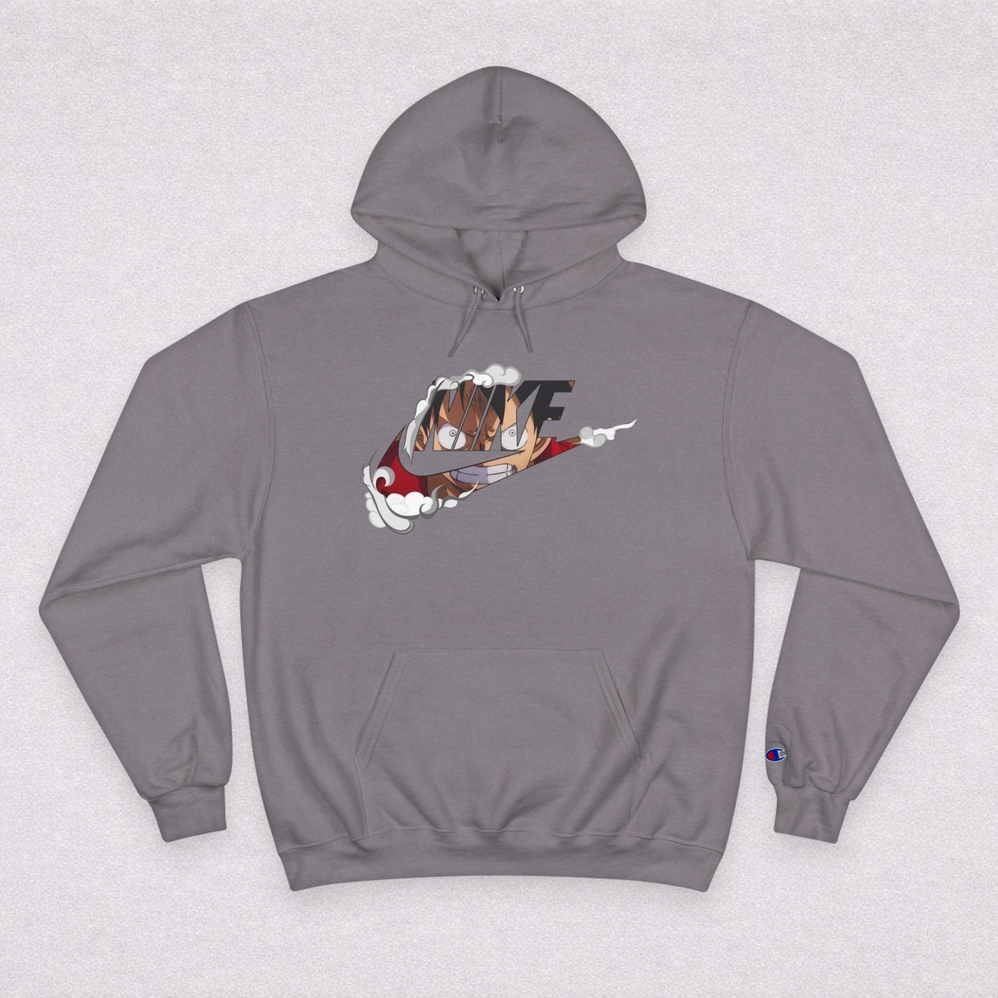 One Piece Luffy Champion Hoodie — White Pullover with Vintage Sports Graphic