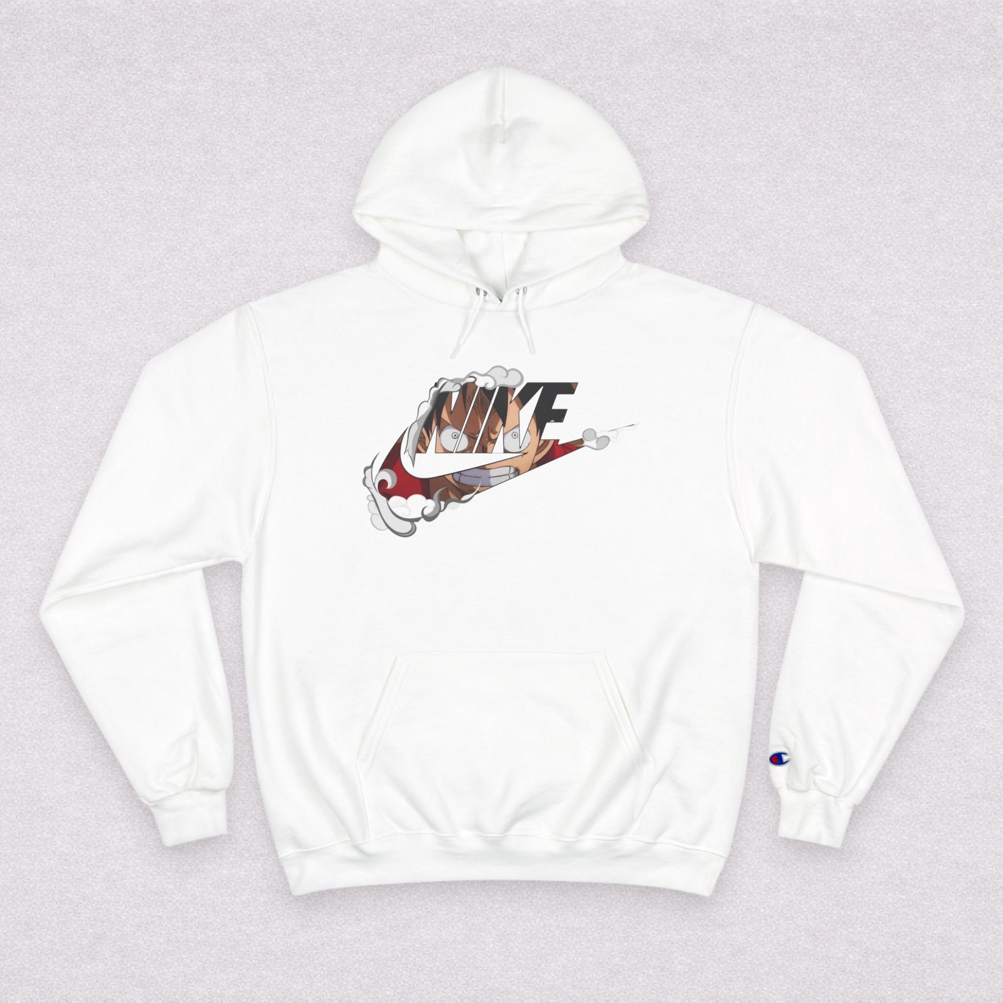 One Piece Luffy Champion Hoodie — White Pullover with Vintage Sports Graphic