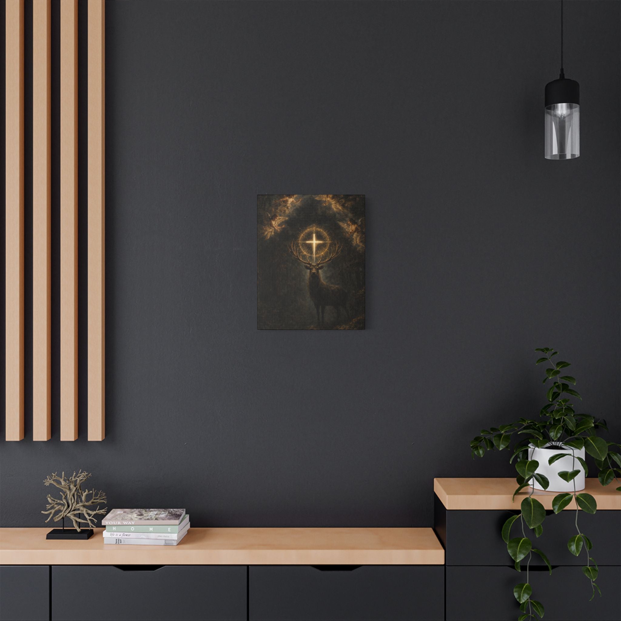 Mystic Stag Canvas Print — Glowing Cross Antlers Wall Art (Satin Stretched)
