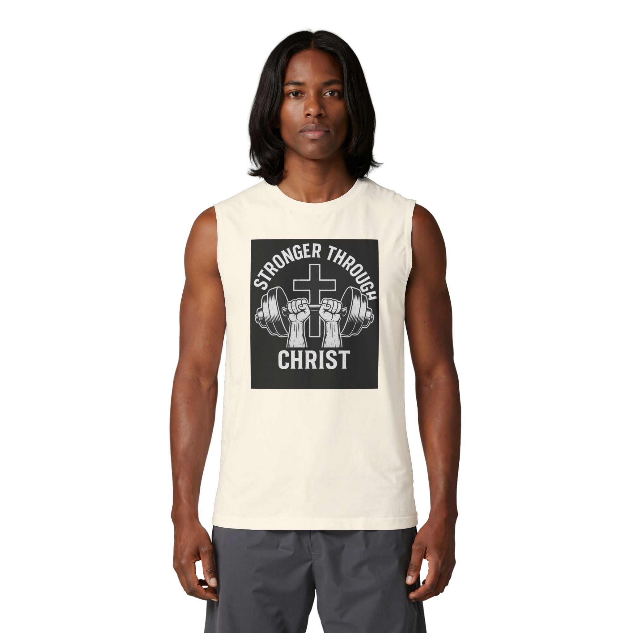 Christian Fitness Muscle Tank — "Stronger Through Christ" Gym Shirt