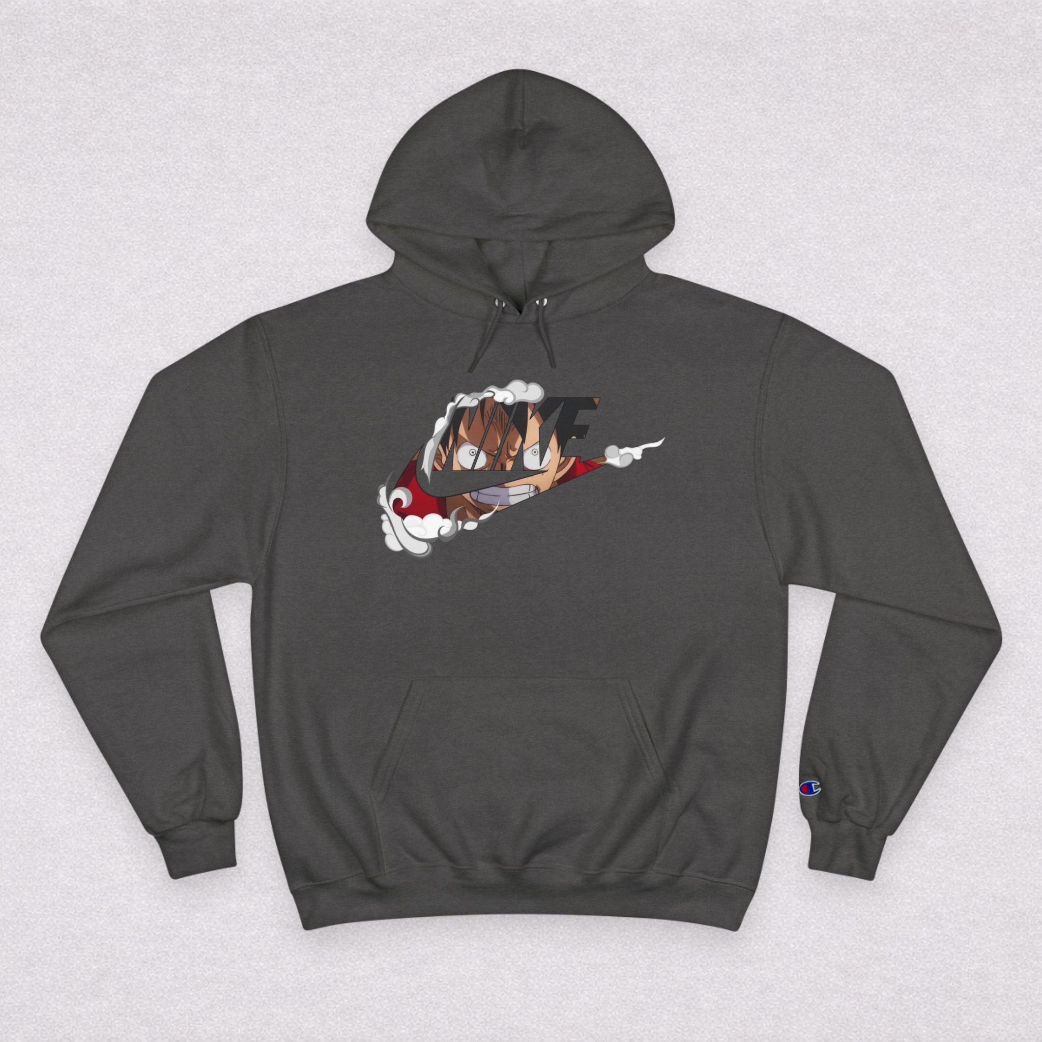 One Piece Luffy Champion Hoodie — White Pullover with Vintage Sports Graphic