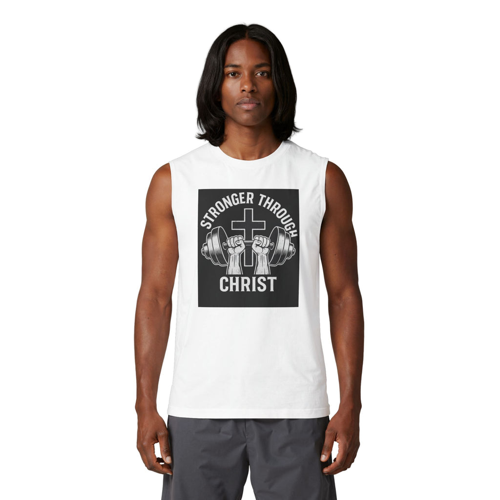 Christian Fitness Muscle Tank — "Stronger Through Christ" Gym Shirt