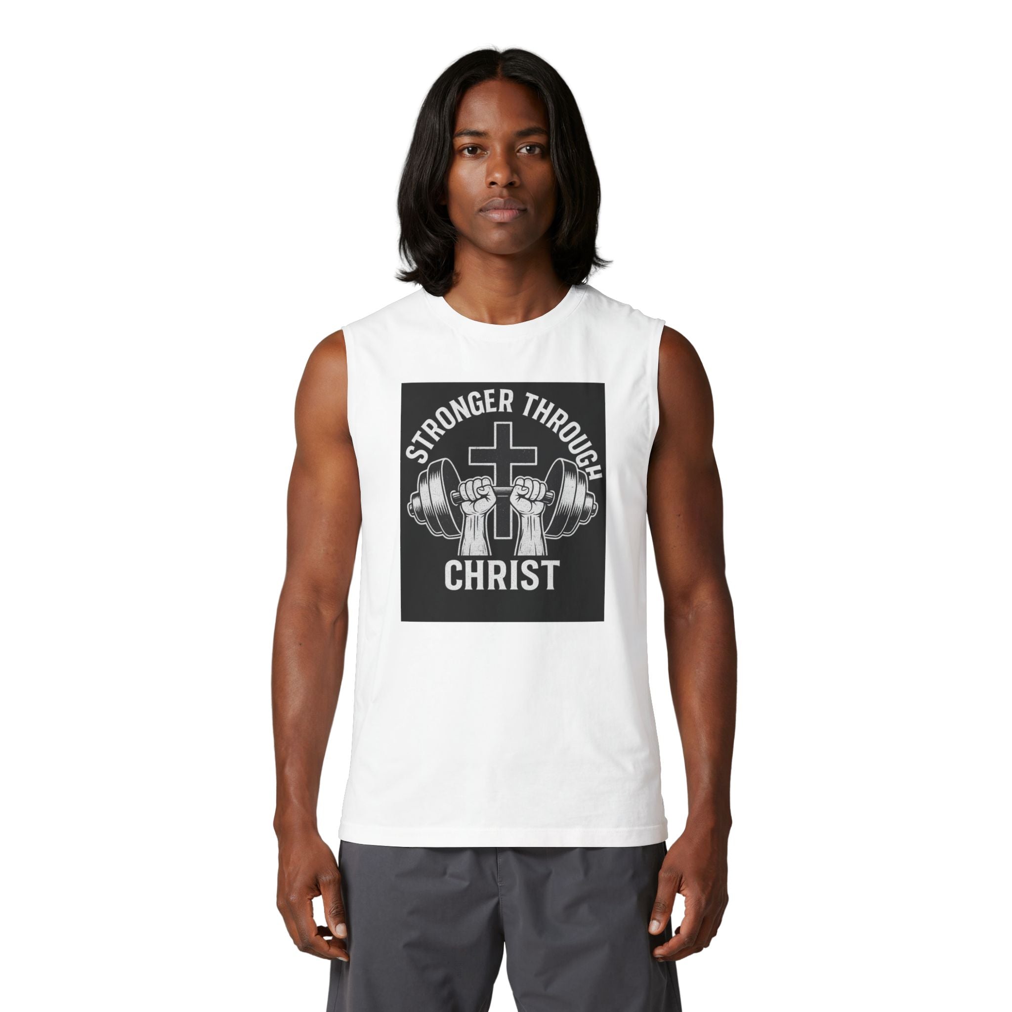 Christian Fitness Muscle Tank — "Stronger Through Christ" Gym Shirt