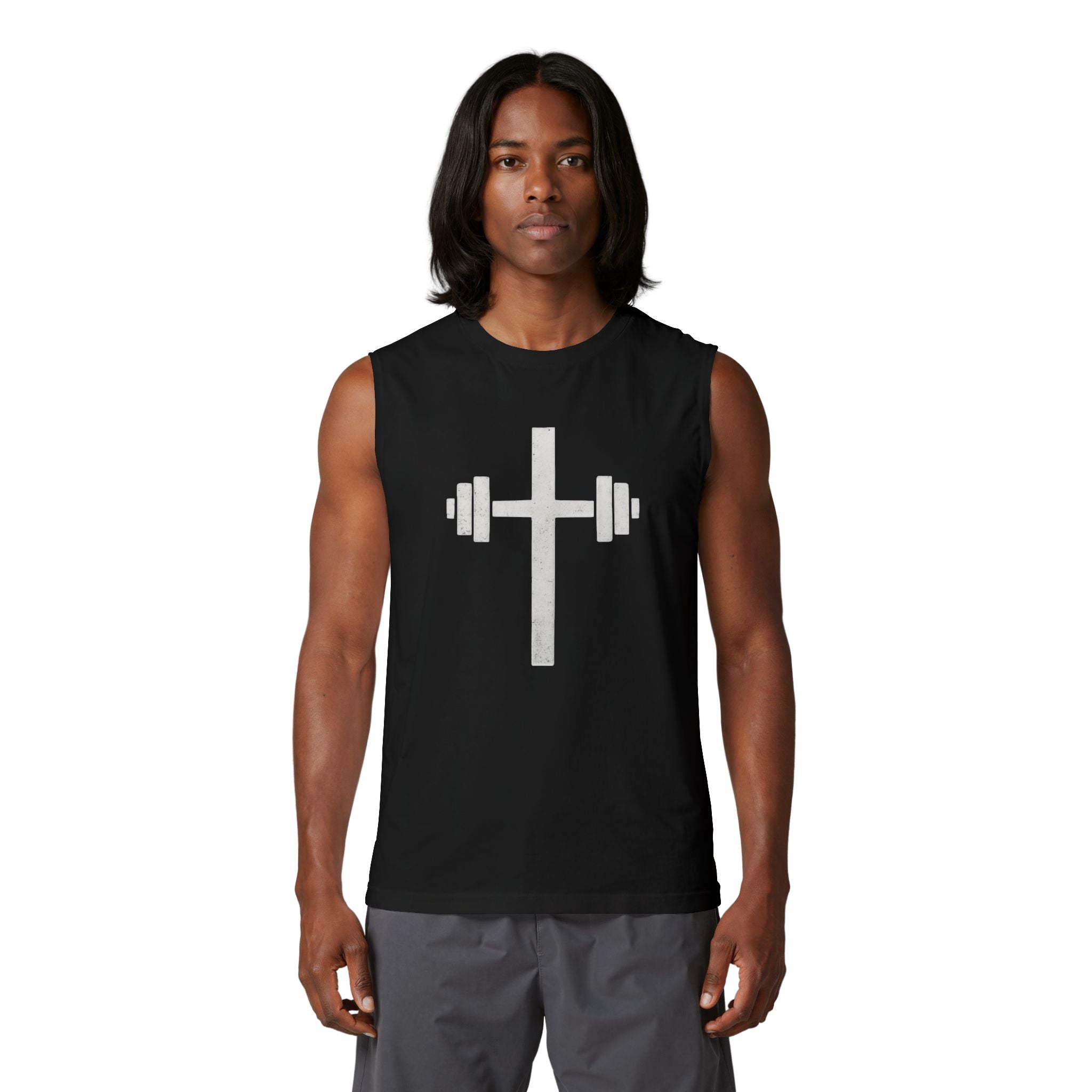 Christian Cross Barbell Muscle Tank — Faith & Fitness Gym Shirt