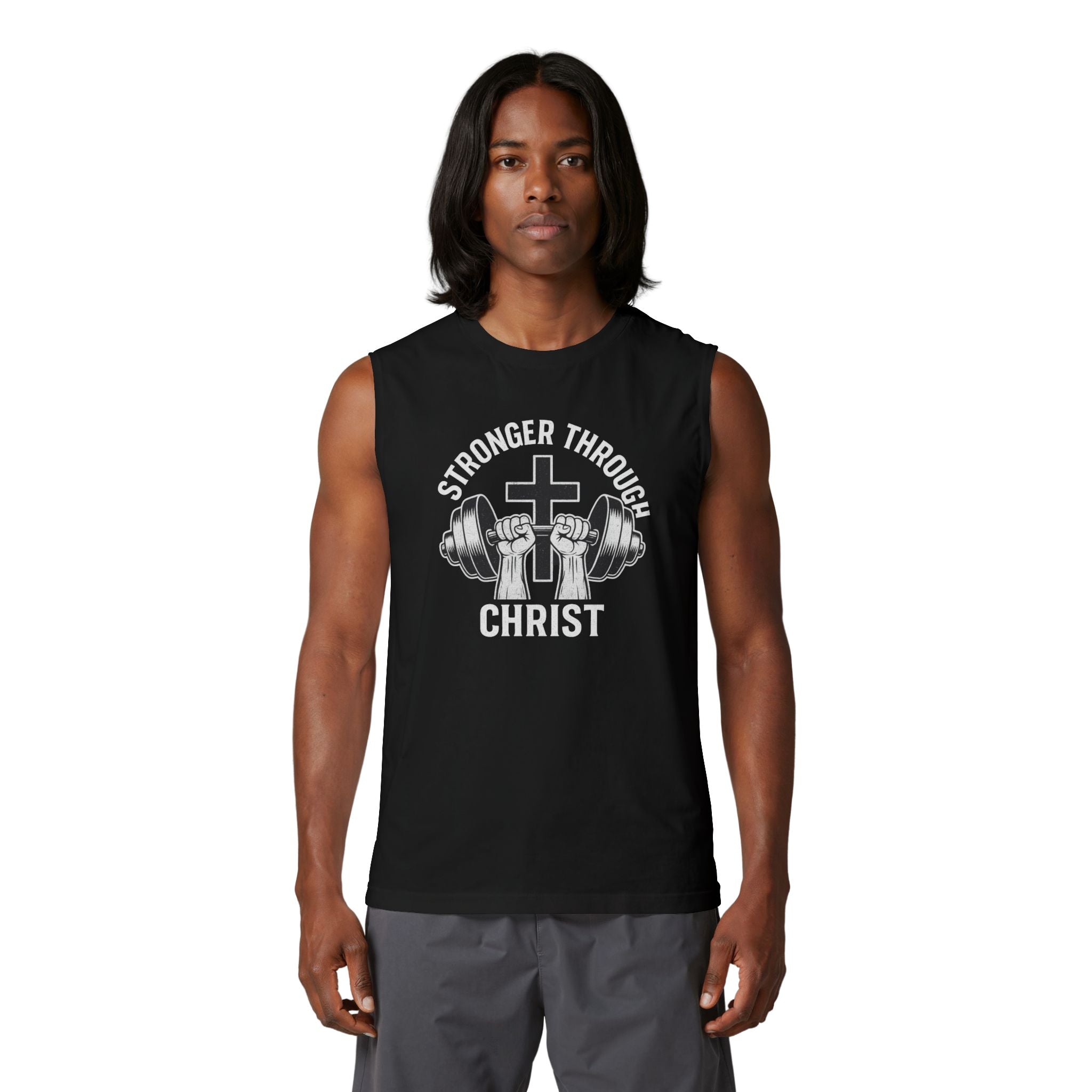 Christian Fitness Muscle Tank — "Stronger Through Christ" Gym Shirt